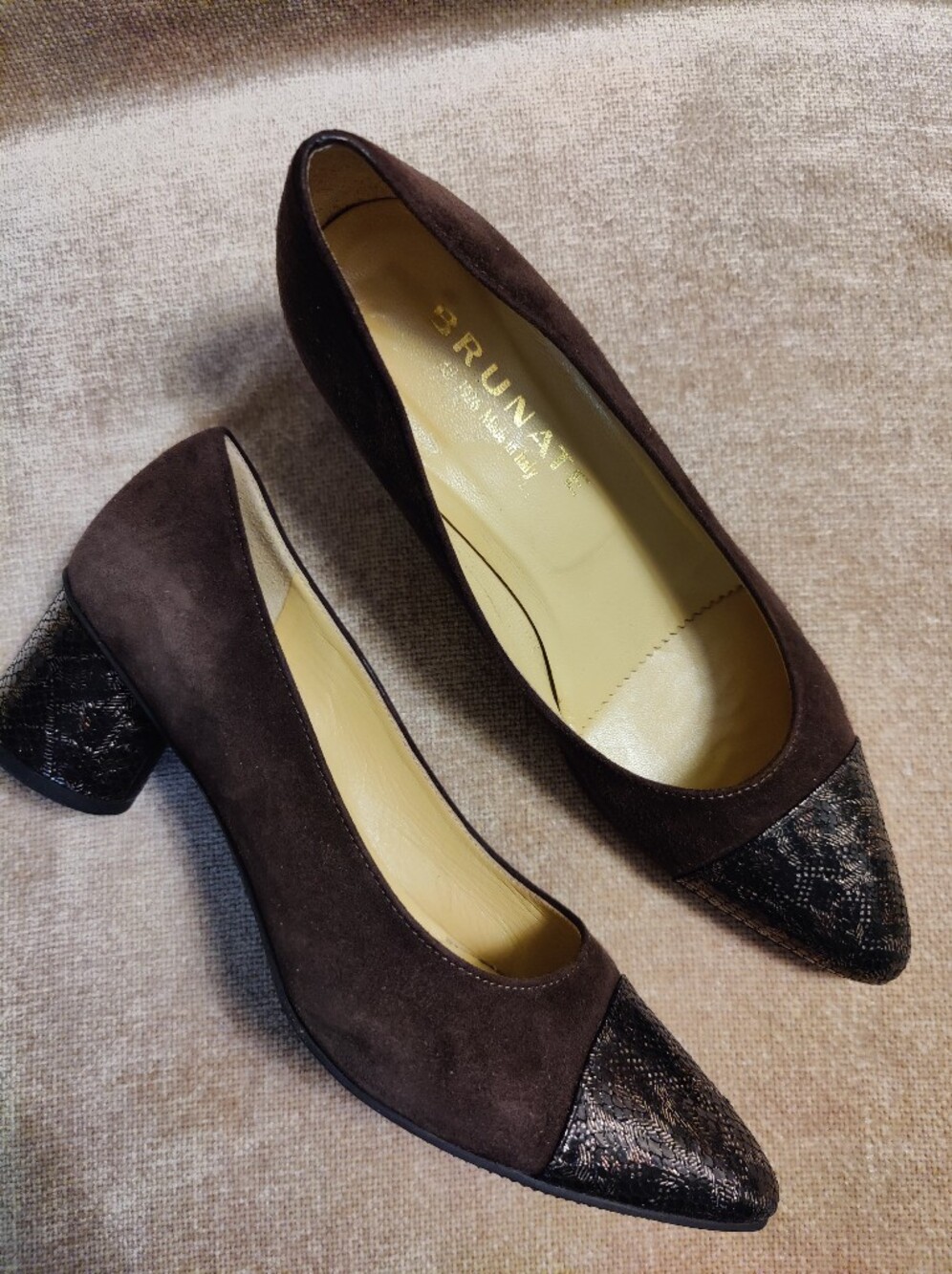 Brunate Brown Suede Pointed Toe Pumps with Embossed Trim Toe And Round Heels, 40